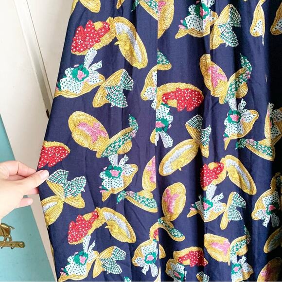 Vintage Susan Bristol Navy Straw Hat Print Pleated Midi Skirt Grandmacore 12 - Picture 7 of 9